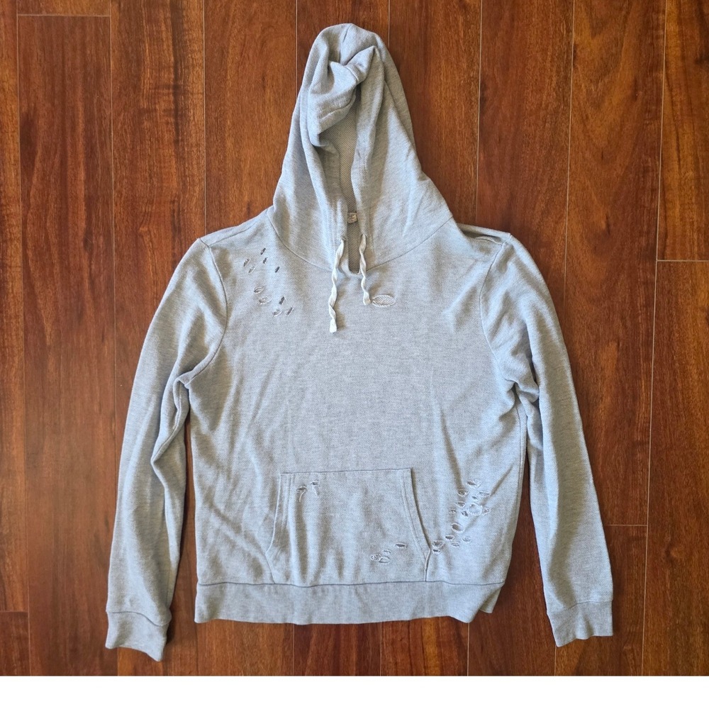Womens Heather Gray Distressed Pullover Hoodie Sweatshirt Size Large